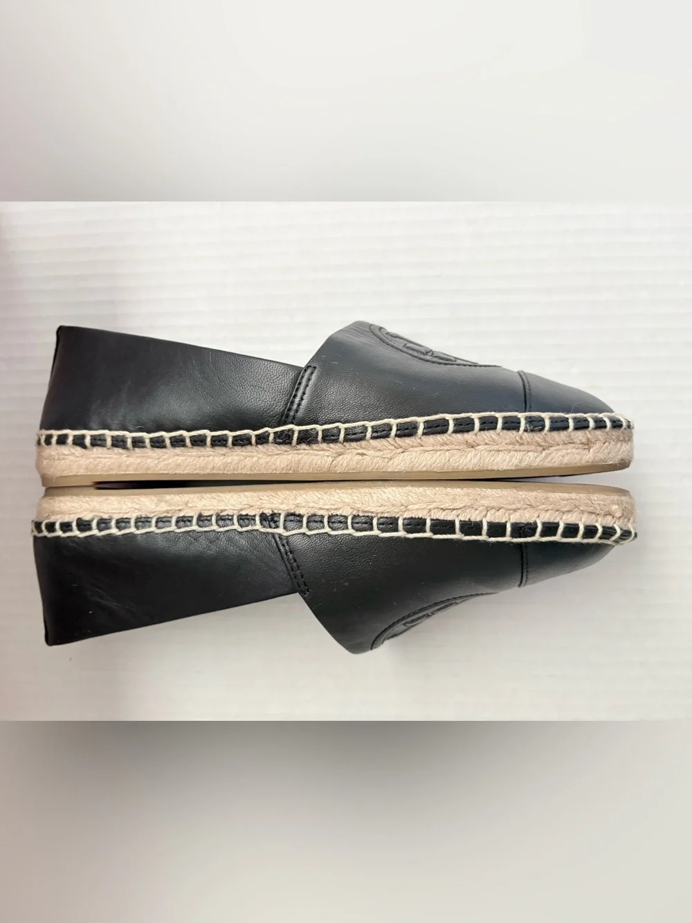 Tory Burch Benton Black Leather Espadrille Slip-Ons with Logo Medallion Size 5